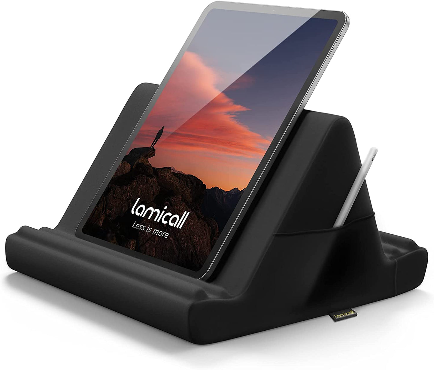 Versatile Tablet Pillow Holder Stand - Soft Pad Dock for Lap, Bed & Desk with Pocket & 4 Viewing Angles - Compatible with 2022 iPad Pro, Air, Mini, Kindle & 4-13" Phones/Tablets - Stylish Black Design