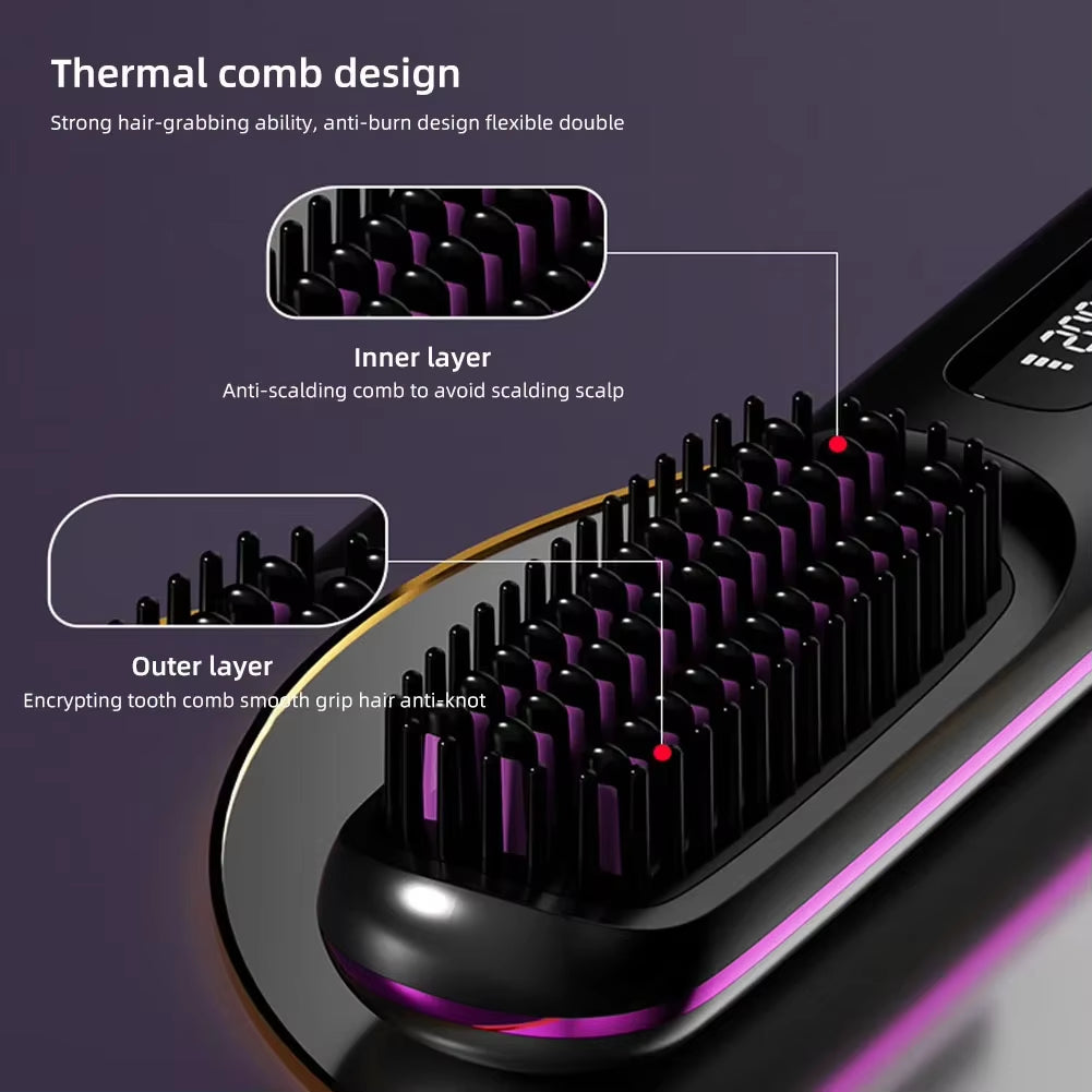 Electric LCD Usb Ceramic Heating Straight Hair Comb Wireless Portable Negative Ion Styling Tool Rechargeable Straightening Brush