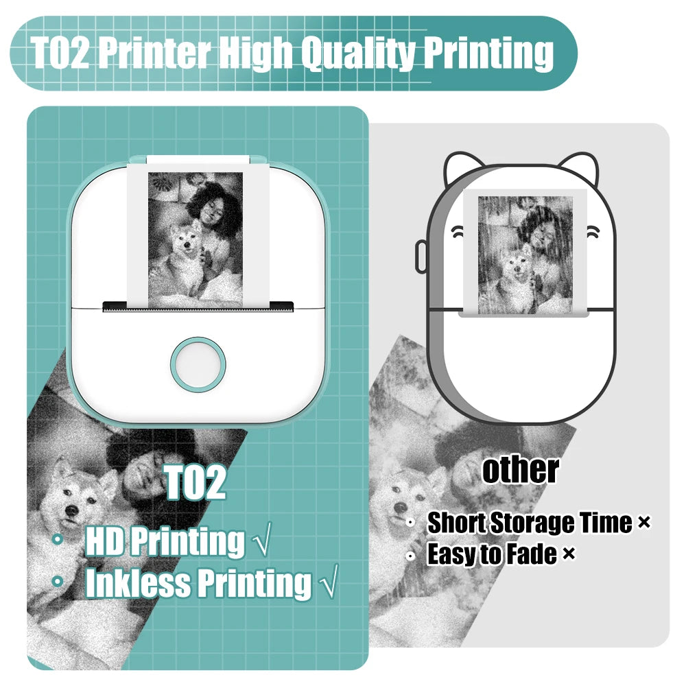 T02 Portable Mini Printer Thermal Pocket Printer Self-Adhesive Stickers Use for Diy,Journal Impresora Termica Portatil