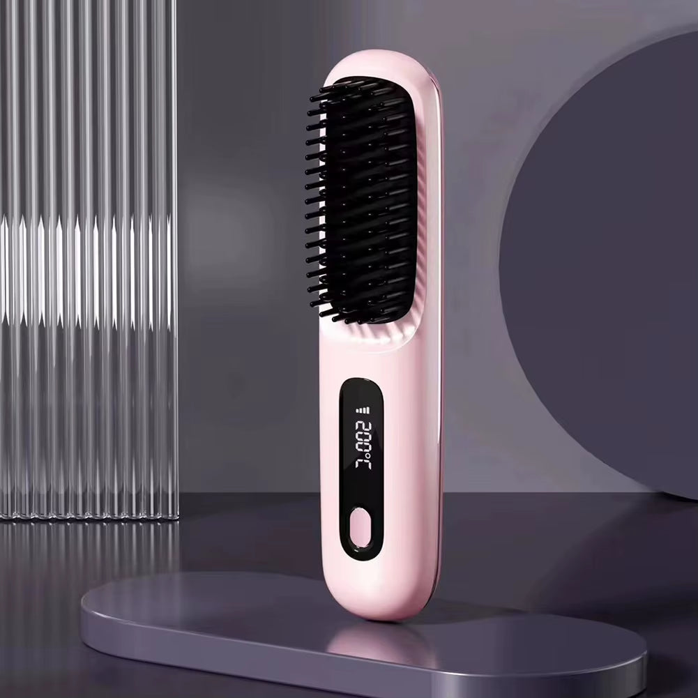 Electric LCD Usb Ceramic Heating Straight Hair Comb Wireless Portable Negative Ion Styling Tool Rechargeable Straightening Brush